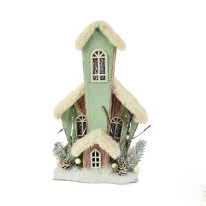 Casetta di Natale con Illuminazione Pelliccia Colore Rosa Verde 35x12x25 cm